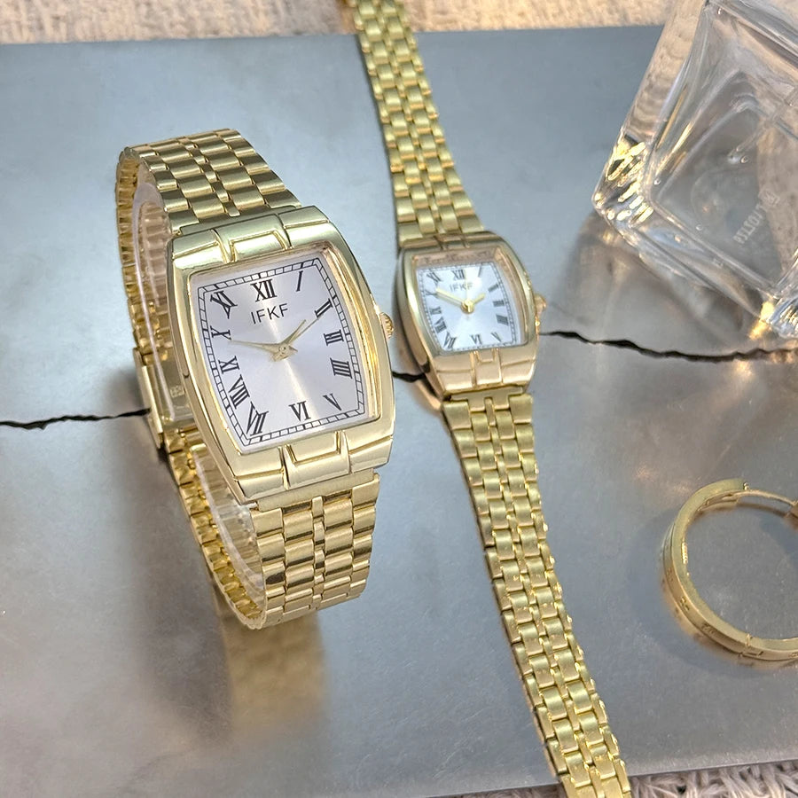 Valentine's Day Gift Couple's Watch Set Men's Women's Wine Barrel Shaped Fashion Classic Retro Quartz Wristwatch with Steel Band