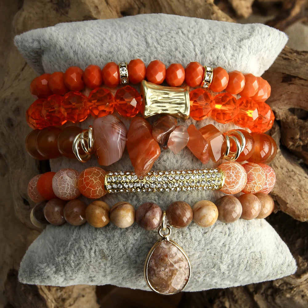 Fashion Beaded Boho Bracelet 5pc Green Natural Stone /Glass Stack Bracelet Sets For Women Boho Jewelry Gift