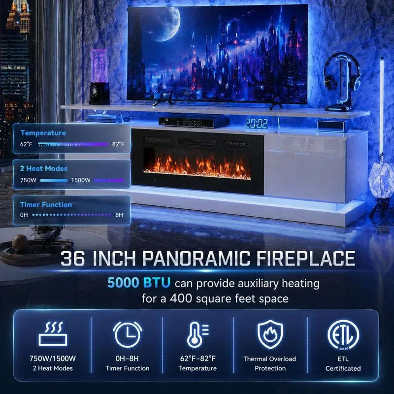 70 inch Modern TV Stand with Electric Fireplace for TVs up to 80 inches White Living Room Media Console Entertainment Center