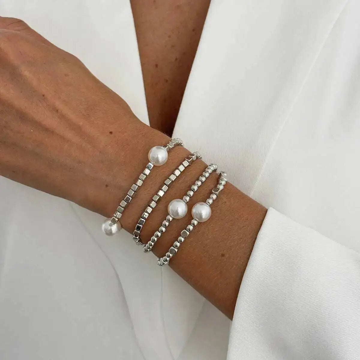 IngeSight.Z 4 Pcs/Set Bohemian Imitation Pearl CCB Beaded Bracelets Women Vintage Handmade Stretch Bangle Couple Trendy Jewelry