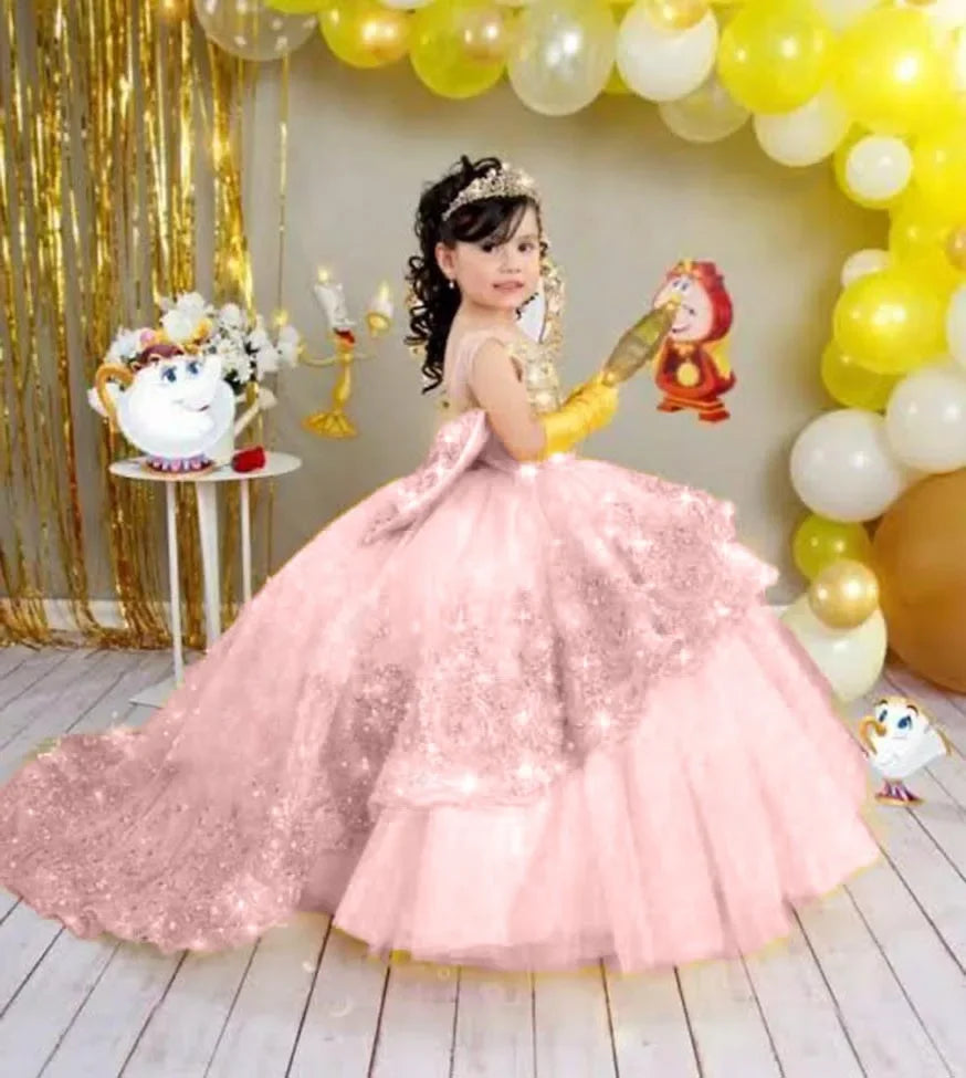 Gold Girls Princess Dress 2024 Tulle Tiered Flower Girl Dress Toddlers Beaded Lace Pageant Dress Customized Birthday Party Gowns