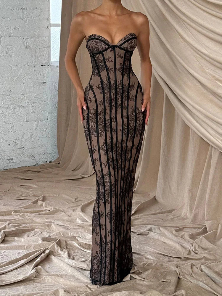 Women Gauze Fishbone Strapless Dress Chic Backless Off-shoulder Waist Cinching Slim Maxi Vestidos 2026 Lady Evening Party Gowns