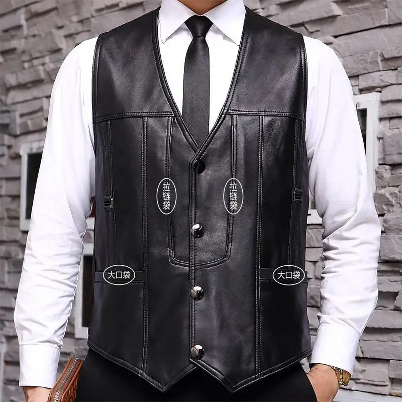 2025 Cowhide Genuine Leather Man Vest Waistcoat Male clothing Jacket Thick Motorcycle Multi Pocket leather biker Men safety vest