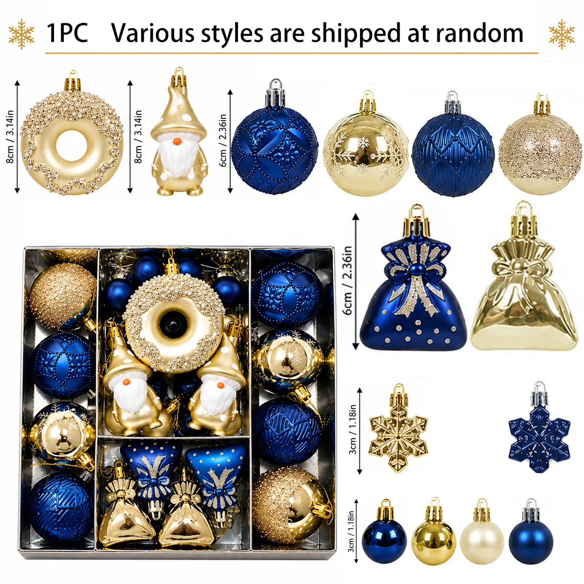 60Pcs Blue Gold Christmas Ornaments Set Shatterproof Multi Shapes Gnome Donut Snowflake Gift Balls Xmas Tree Hanging Party Decor
