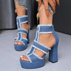 Summer Women Sandals New Platform Blue Denim Ankle Strap High Heels Shoes for Women Fashion Outdoor Sexy Peep Toe Sandals Women