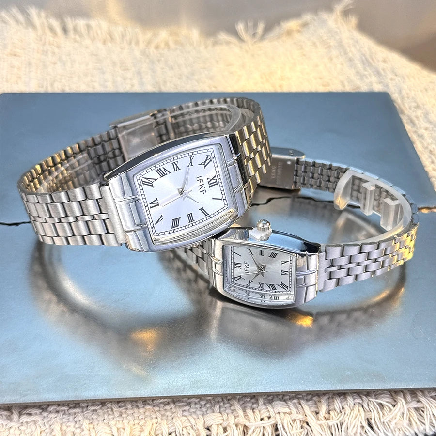 Valentine's Day Gift Couple's Watch Set Men's Women's Wine Barrel Shaped Fashion Classic Retro Quartz Wristwatch with Steel Band