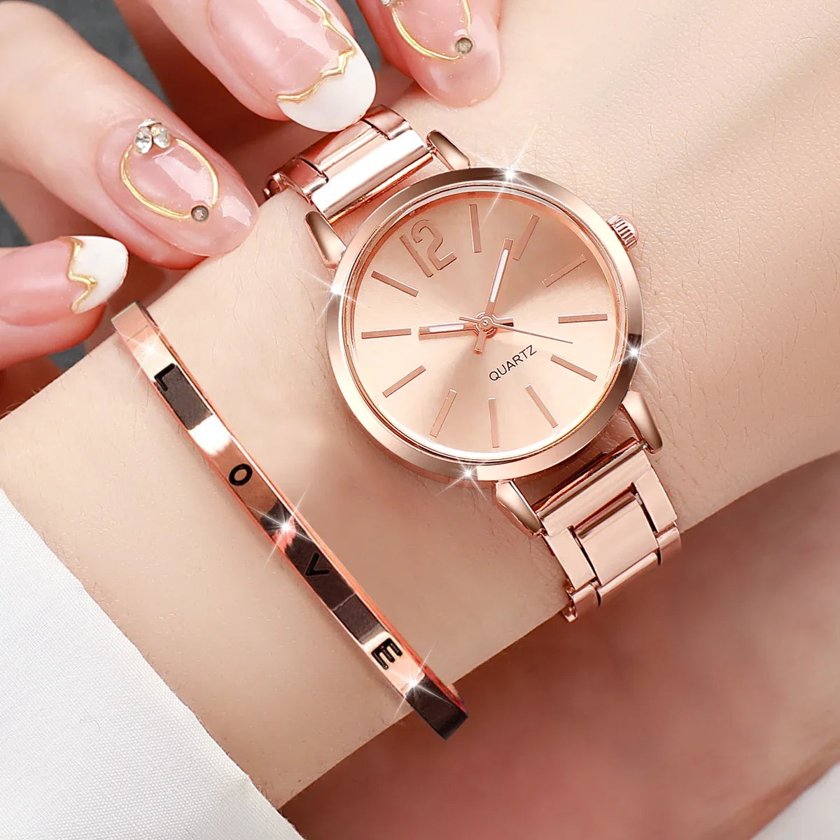 2PCs Set Fashion Women Elagant Watch Bracelet Casual Simple Steel Strap Quartz Watch Love Bracelet Temperament Wearing Style