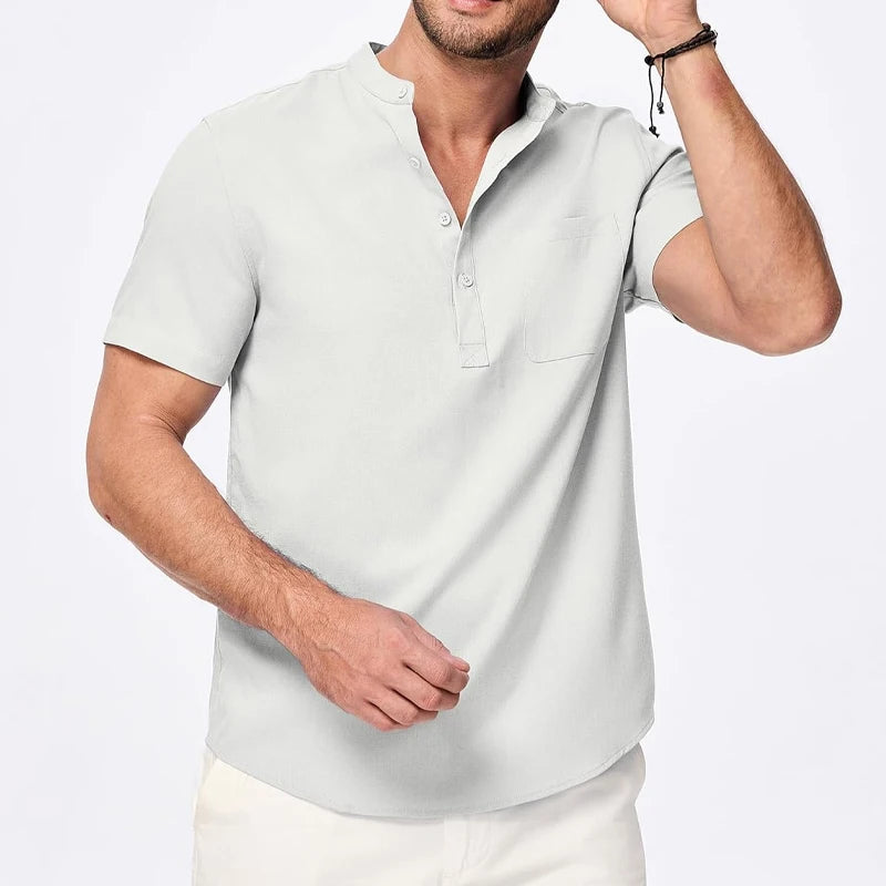 Summer Mens Short Sleeve Henley Shirts Casual Button Down Shirt Lightweight Beach Wear with Pocket Breathable Streetwear