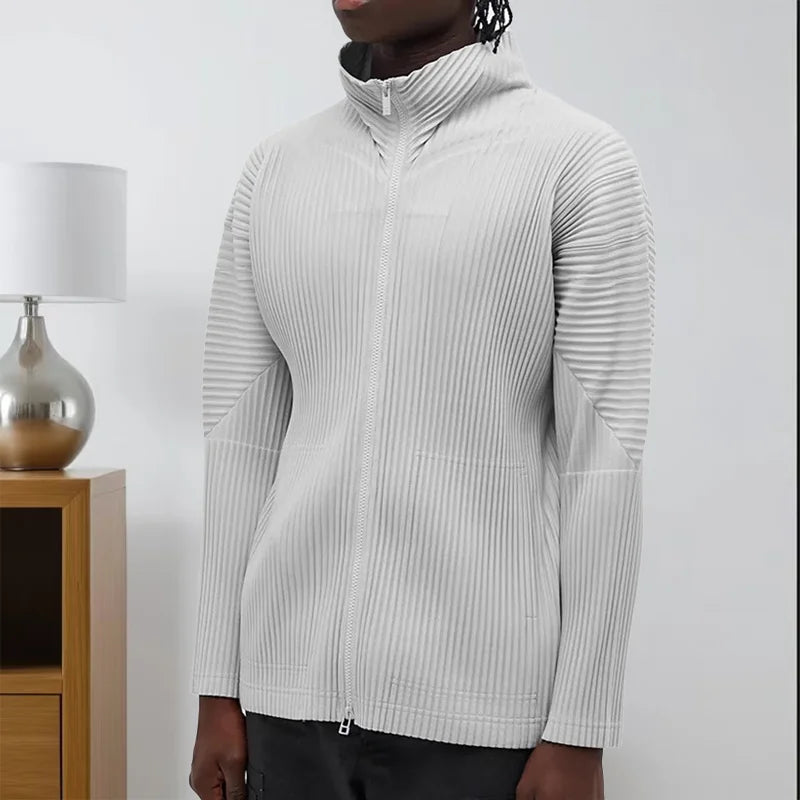 Miyake Men's Jacket 2025 Spring New Pleated Zip Standing Collar Jacket Solid Colour Men's Coat Premium Sense Tops Men Clothing