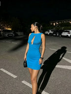 Trendy Blue Sleeveless Slim Fit Mini Dress High Neck Front Cutout Backless Zipper Skirt Women Sexy Bdate Party Club Holiday Wear