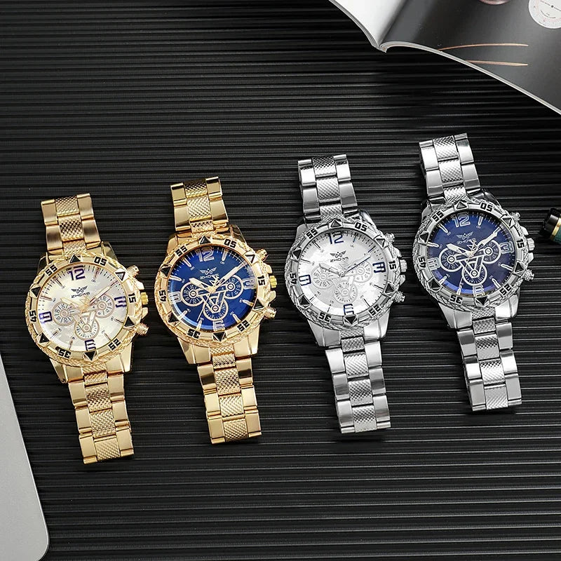 YIKAZE Men's Quartz Wristwatches Business Leisure Fashion Large Dial Alloy Steel Strip Blue Light Three Eye Men's Quartz Watch
