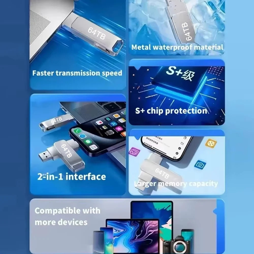 64TB USB 3.2 Flash Drives U Disk 2TB High Speed Metal Pendrive WaterProof Type-C Memoria USB Stick USB Drives 8TB 2TB 1TB