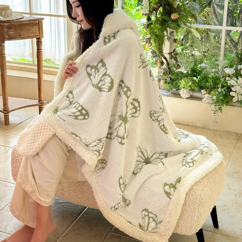 New Taffeta Fleece Hooded Blanket Warm Sherpa Lined Blankets with Giant Pocket Solid Color Skin-Friendly Office Nap Plush Cloak