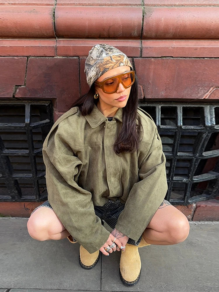 Vintage Brown Women's Suede Jacket Women Zipper Long Sleeve Pocket Loose Short Bomber Coat 2025 Spring Lady High Street Outwear