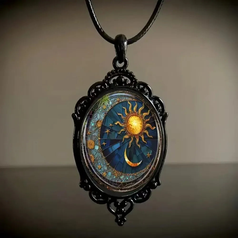 Gothic Glass Pendant Necklace for Women Sun Moon Punk Style Charm Necklace Vintage Cameo Rope Chain Witch Accessories
