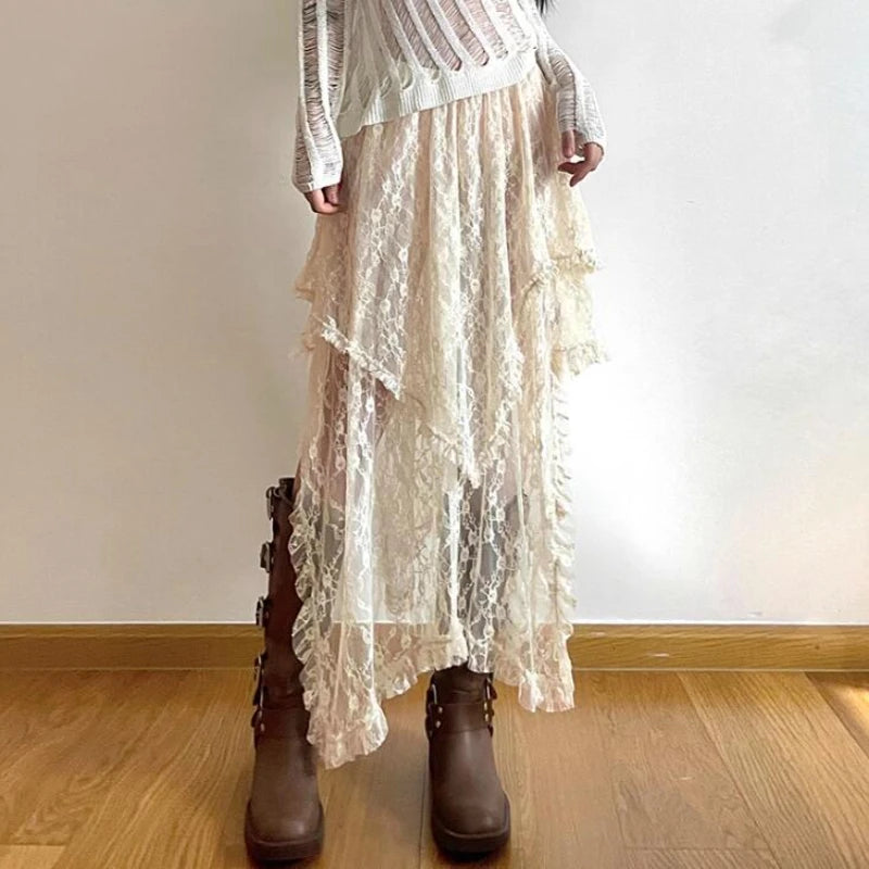Asymmetrical Lace Skirts Women Summer Clothing Soft 2000s Vintage Clothing Streetwear Y2k Trendy Boho Style Loose Ladies Party