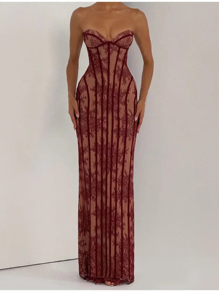 Women Gauze Fishbone Strapless Dress Chic Backless Off-shoulder Waist Cinching Slim Maxi Vestidos 2026 Lady Evening Party Gowns