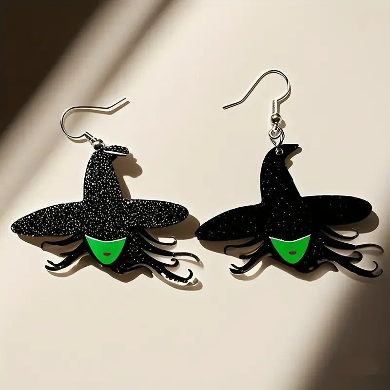 1 Pair of Witch Hat Earrings - Black with Sparkling Stars & Green Accents, Perfect for Halloween & Daily Wear