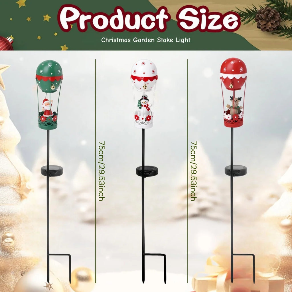 Outdoor Garden Solar Stake Light, Garden Iron Christmas Statue Light, Garden Solar Christmas Iron Santa Claus Sitting on a Hot Air balloon with Bells and Lights Inserted, for Yard Pathway Christmas Home Decor