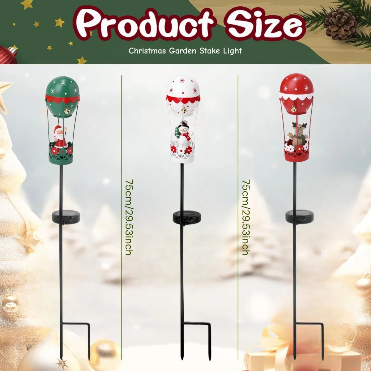 Outdoor Garden Solar Stake Light, Garden Iron Christmas Statue Light, Garden Solar Christmas Iron Santa Claus Sitting on a Hot Air balloon with Bells and Lights Inserted, for Yard Pathway Christmas Home Decor