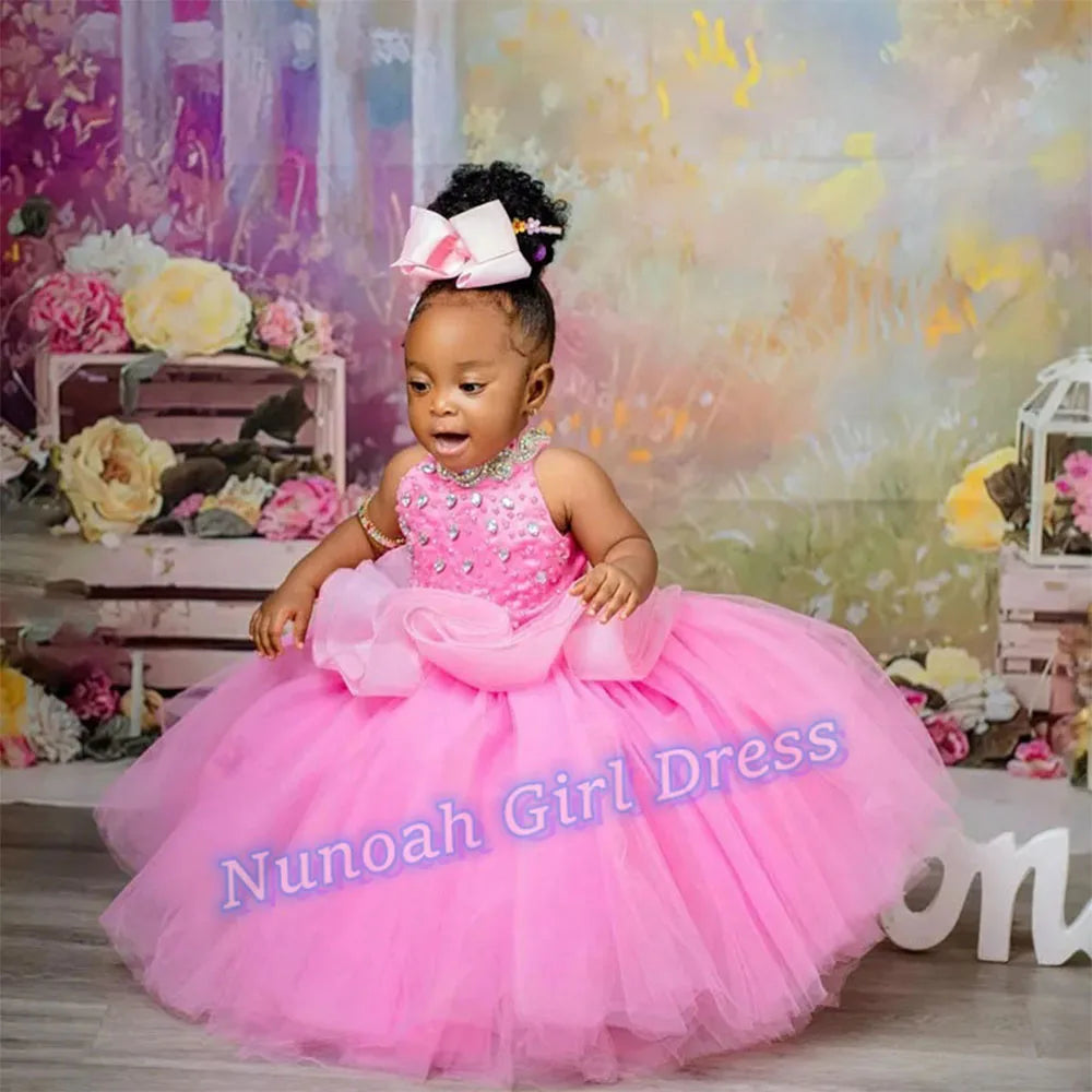 Pink Flower Girl Dresses for Wedding Crystal Sleeveless Sequins Girl Kids Birthday Party First Holy Communion Gowns Customized
