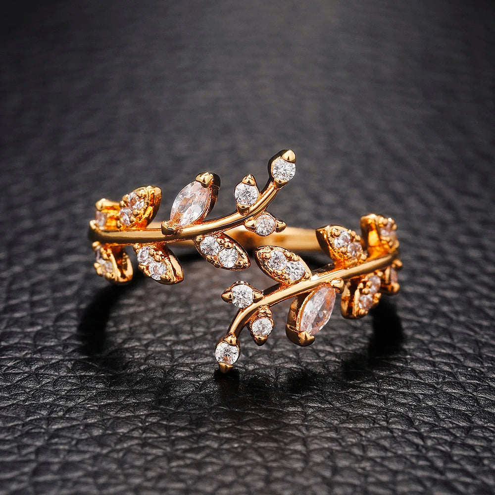 Huitan Fancy Leaf Design Adjustable Opening Rings for Women Sparkling Cubic Zirconia Olive Ring Party Daily Wear Fashion Jewelry