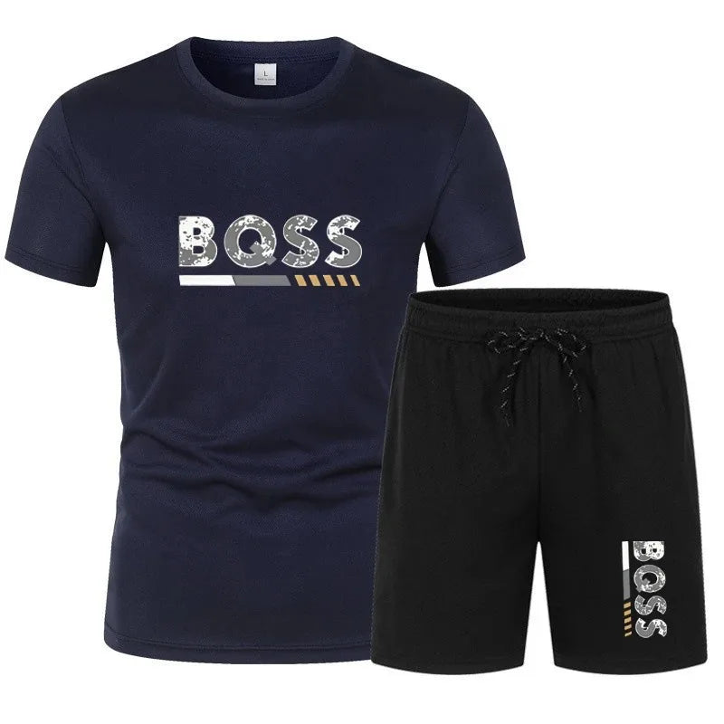 Men's summer sports short sleeve set, two-piece set, men's summer quick-dry sports set, breathable mesh short sleeve T-shirt and
