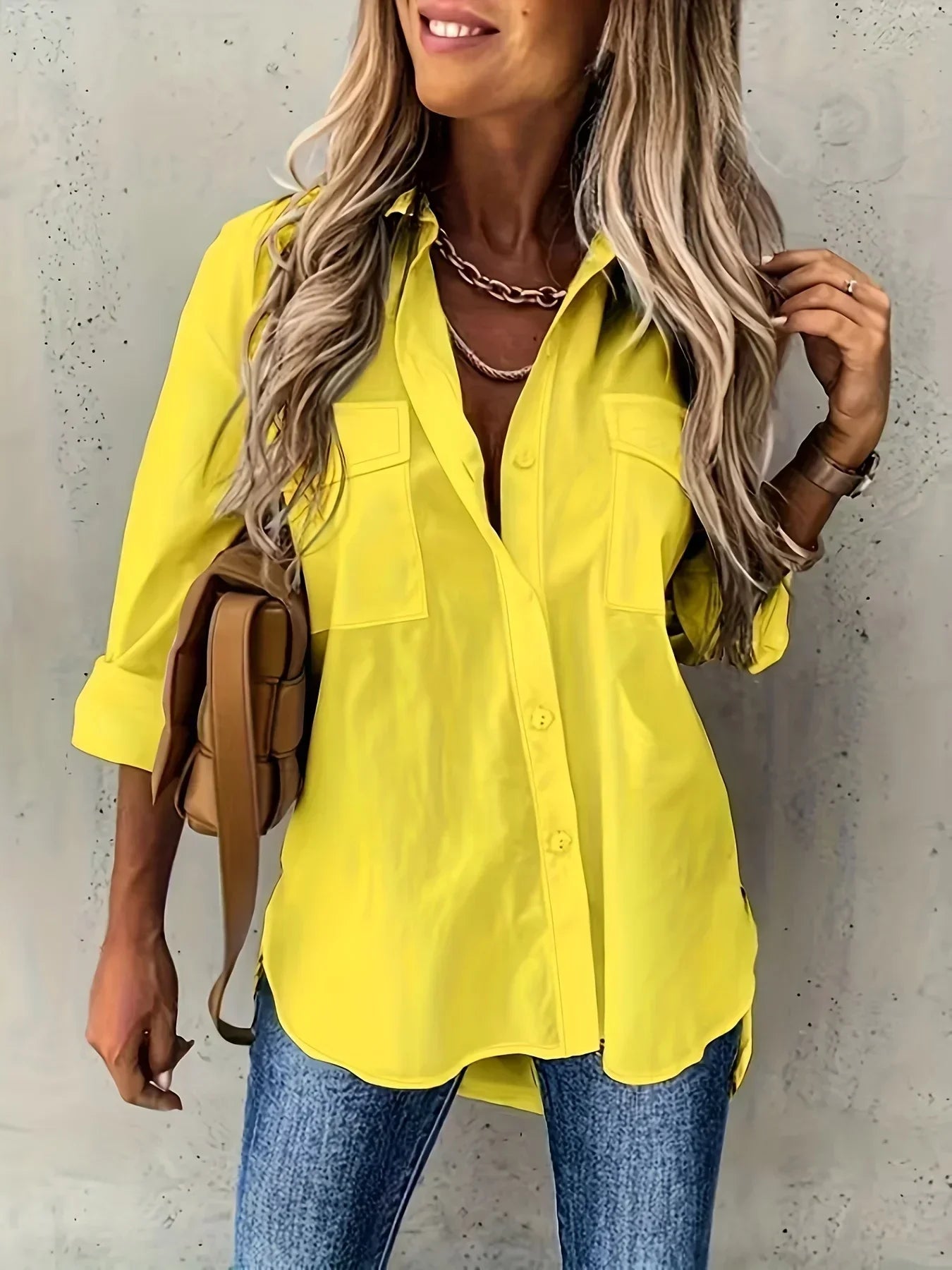 Plus Size 1XL-5XL Women Casual Loose and Simple Long Sleeved Shirt Fashion Solid Color Lapel Shirt Pocket Decoration Shirt