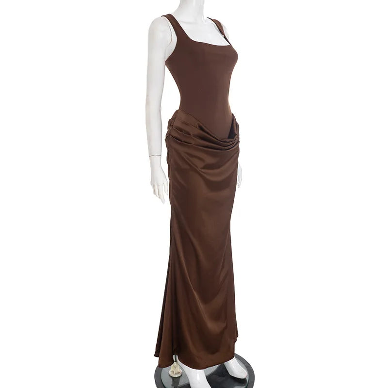 Elegant Y2K Low Cut Maxi Dress for Women Bodycon Ruched Sleeveless Backless Sexy Autumn Winter Party Club Dresses Outfit Gift