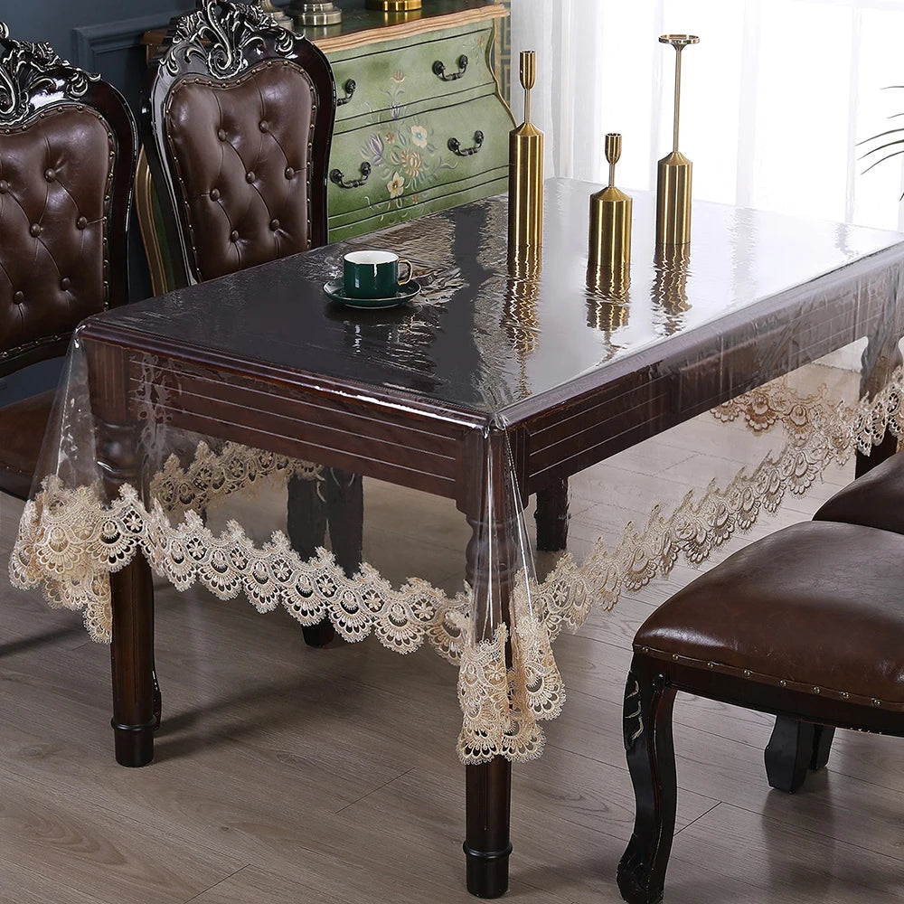 Clear Plastic Waterproof Tablecloth,Vinyl PVC Rectangle Table Cloth Oilproof Lace Table Cover for Dining Table Outdoor Decor