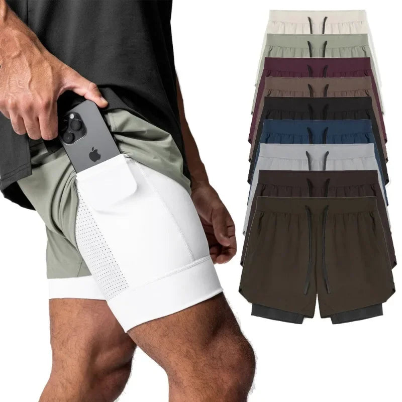 Men's Summer Gym Fitness Double Layered 2-in-1 Quick Drying Running Exercise Jogging Shorts Bodybuilding Sports Pants