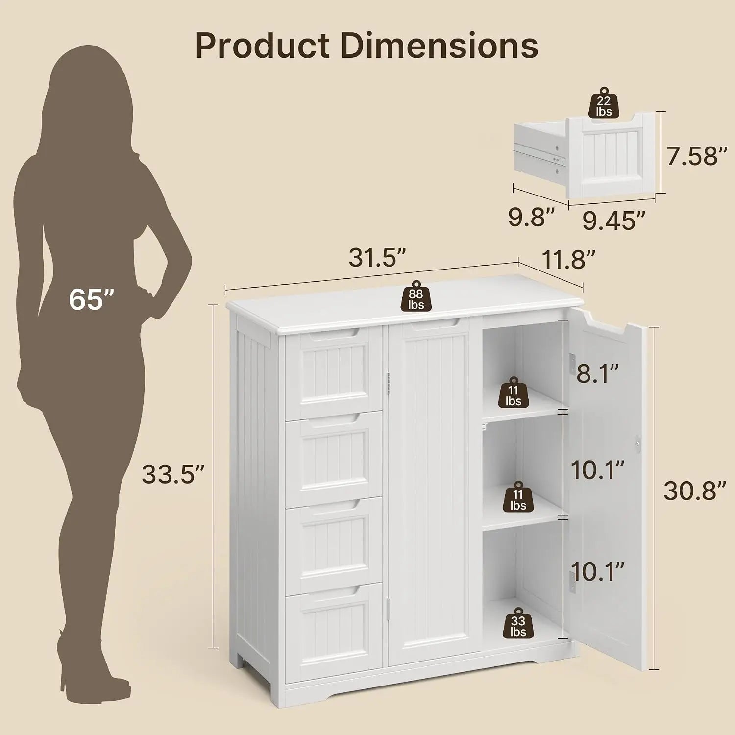 2 PCS Bathroom Storage Cabinet Sets, White Over The Toilet Storage Cabinet & Bathroom Floor Cabinet with Drawers & Doors, Wooden