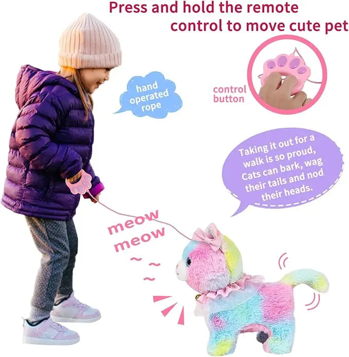 Interactive Lifelike Walking Toy Cat for Kids, Touch&Voice Controlled Remote with Leash, Wags Tail, birthday Christmas Gift