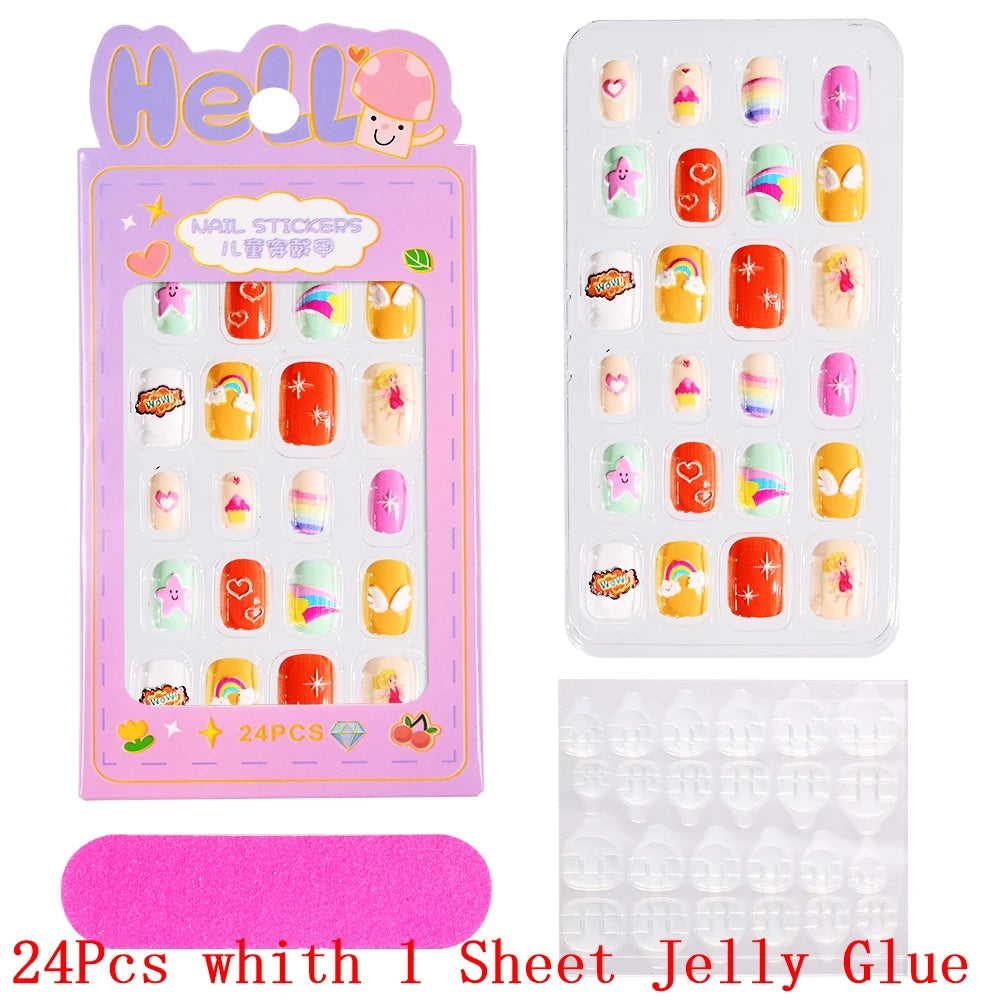 Children Press on Nails,24 Pcs Fake Nails Tips for Kids Acrylic Nails Pre-glue Full Cover Short False Nails Cute Fingernails