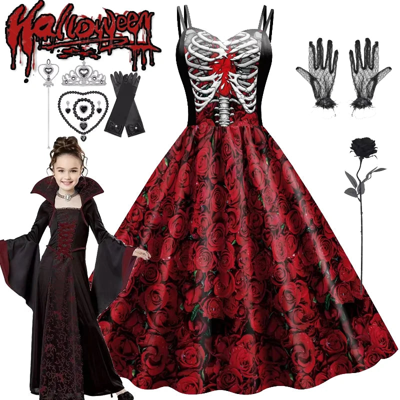 Halloween Costume Girl Fancy Skeleton Rose Print Dress Halloween Ghost Bride Vampire Cosplay Dress Kids Carnival Party Clothes