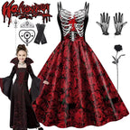Halloween Costume Girl Fancy Skeleton Rose Print Dress Halloween Ghost Bride Vampire Cosplay Dress Kids Carnival Party Clothes