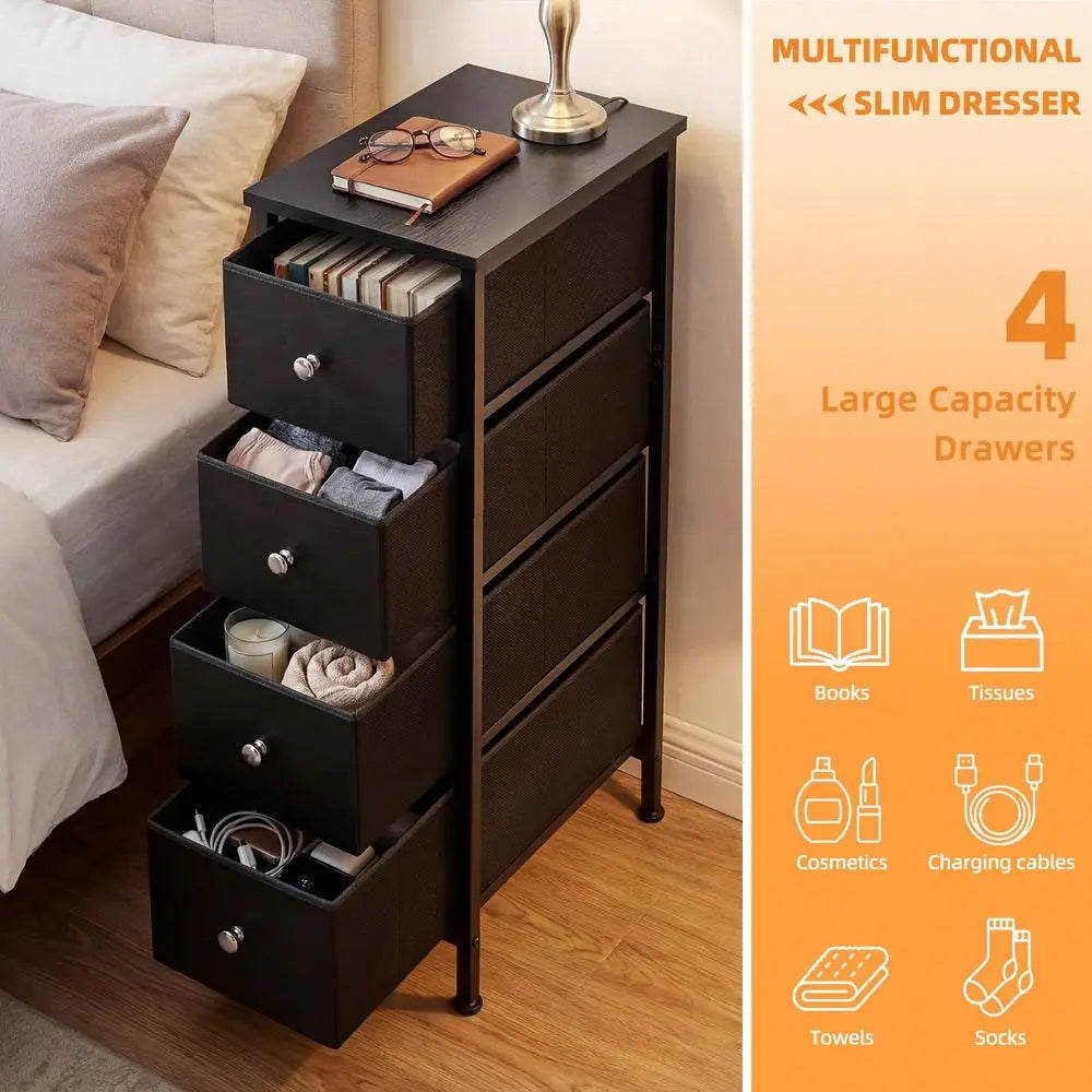 SpaceSaving Narrow Dresser Tower With 4 5 Drawers, Black Storage Chest With Sturdy Steel Frame Wood Tabletop, Versatile Organiz