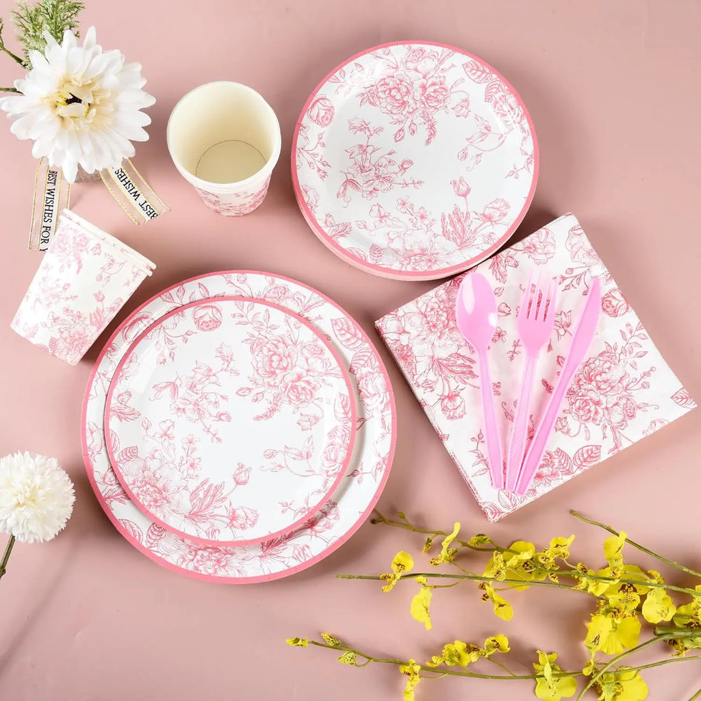 175Pcs Pink Floral Paper Plates and Napkins 25 Guests Pink White Toile Chinoiserie Party Supplies Set Include Plates Napkins