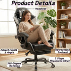 Ergonomic Gaming Chair, Lumbar Massage & Adjustable Headrest, PU Leather Computer Seat with Retractable Footrest and 360° Swivel