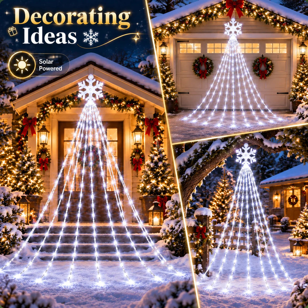 Christmas Snowflake Waterfall Lights Solar Powered 200/290LED 8 Modes Curtain Garland for Tree Window Garden Patio Holiday Decor