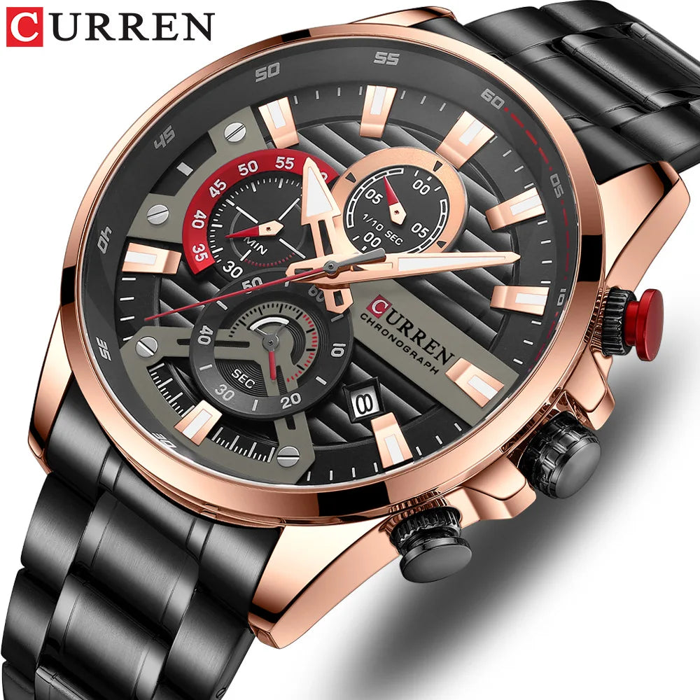 CURREN 8415 Men's Quartz Watch Fashion Unique Black Silvery Blue Clock Calendar Steel Strip Wristwatch for Male