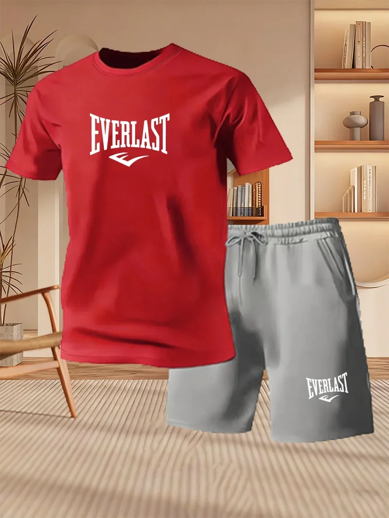Men's Summer Running Breathable Sportswear, Short Sleeved T-shirt+printed Shorts Two-piece Set, Casual/fitness/home 2-piece Set