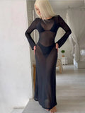 New Women's Mesh See-Through Dress Sexy Slim Backless Long Sleeve Floor-Length Dresses Beach Swimsuit Cover Ups Bikini 3pcs Sets
