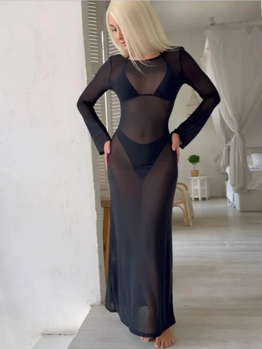 New Women's Mesh See-Through Dress Sexy Slim Backless Long Sleeve Floor-Length Dresses Beach Swimsuit Cover Ups Bikini 3pcs Sets