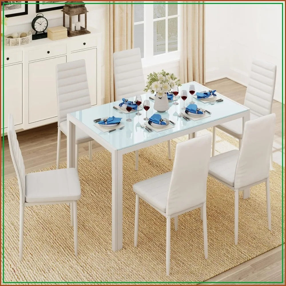 7-Pc Glass Dining Table Set, 6 PU Leather Chairs, Space Saving