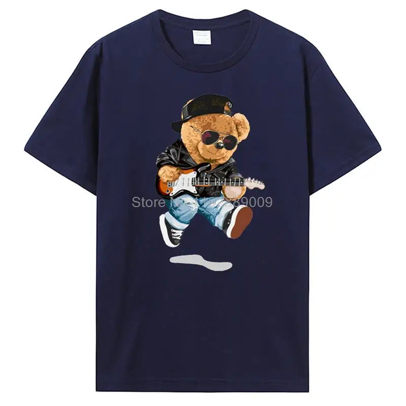 Teddy Bear Playing Badminton T-shirt Cotton Clothing Tops Graphics Kawaii Men Women Short Sleeve Print TShirt Tees