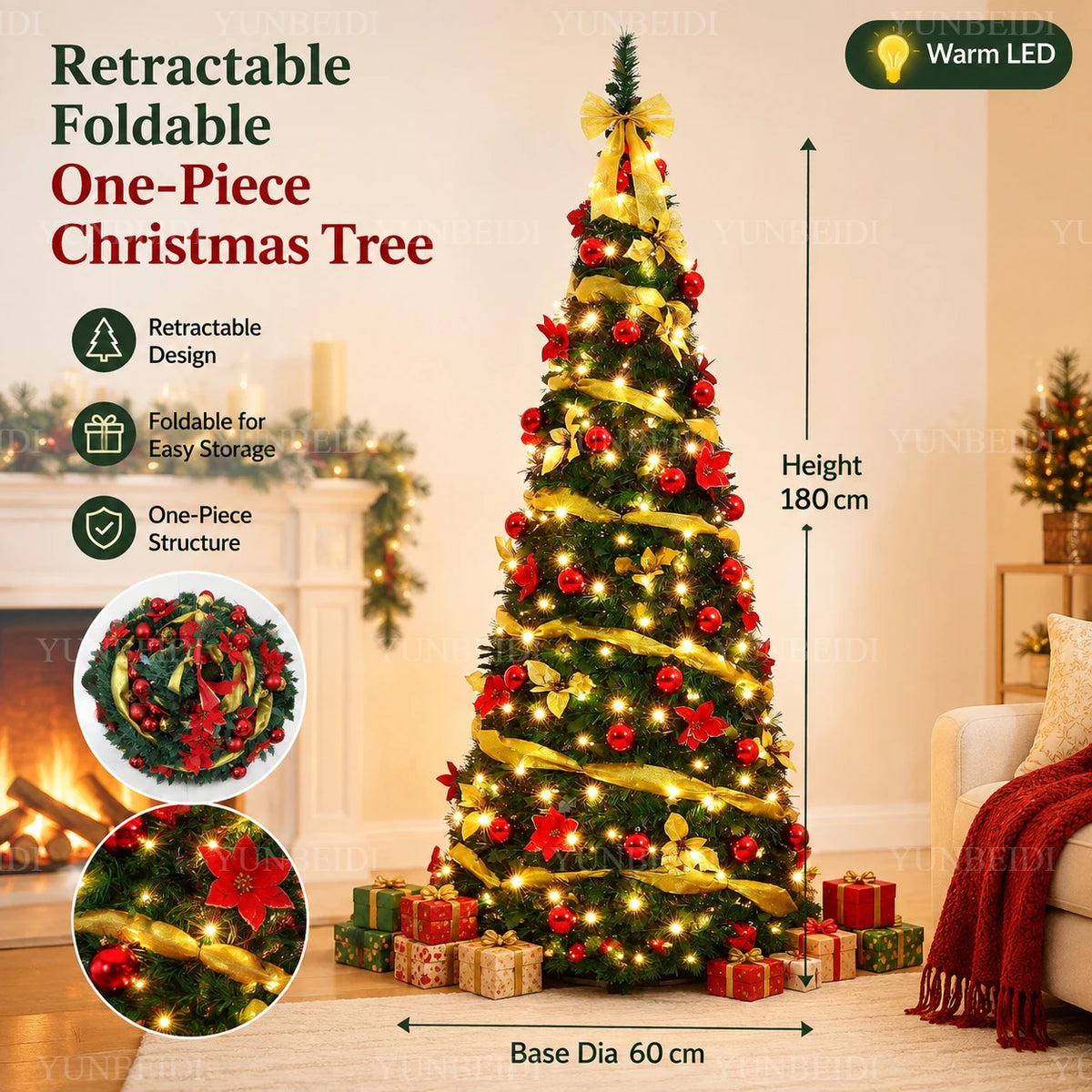 Foldable Christmas Tree with LED Lights Decoration Accessories Integrated Artificial Christmas Tree 1.5M To 2.1M for Home Decor