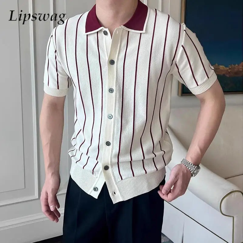 Casual Mens Knitting Shirts Vintage Contrast Color Striped Knit Cardigan Tops Men 2025 Summer Fashion Buttoned Lapel Slim Shirt