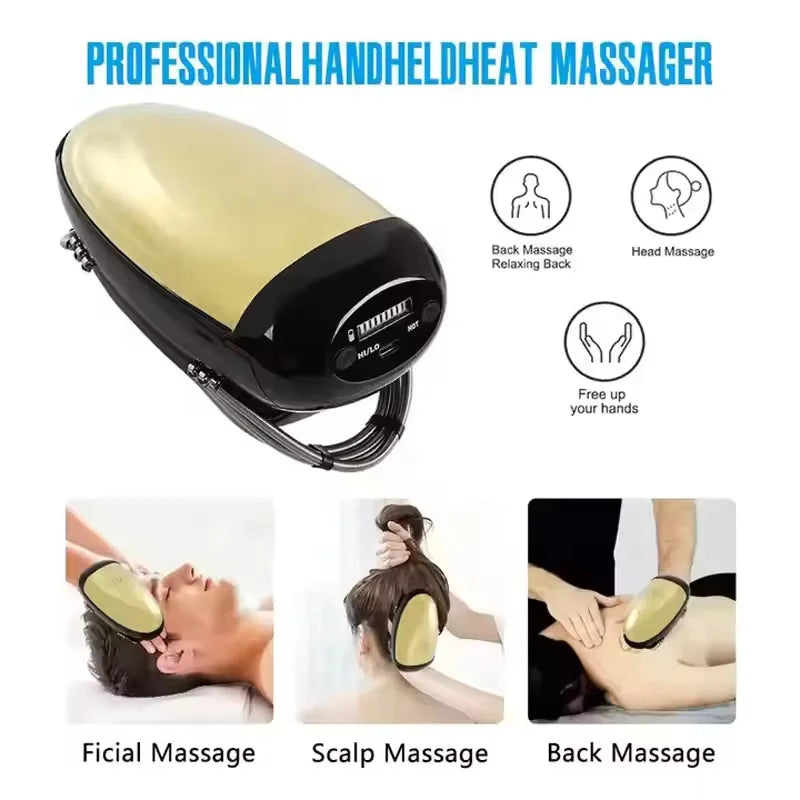 Professional Cordless Metal Handheld Heat Massager USB Charge Vibration Head Massage 2 Massage Nodes Men's Barberology Massager