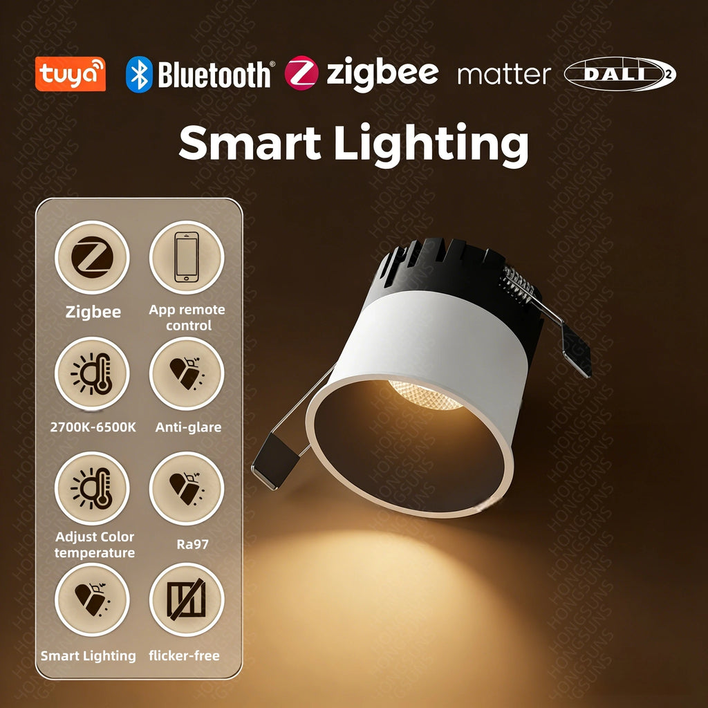 Tuya Zigbee DALI Matter Smart LED Recessed Downlight Anti-glare CRI97 3 CCT Switchable White Black Living Room Bedroom Kitchen